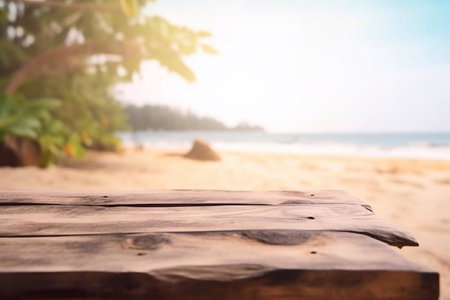 Wooden table top on blur background of tropical beach and sea.の素材