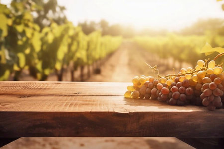 Ripe grapes on wooden table in vineyard at sunset. Toned imageの素材