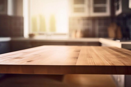 Empty wooden table and blurred kitchen interior background, product display montageの素材