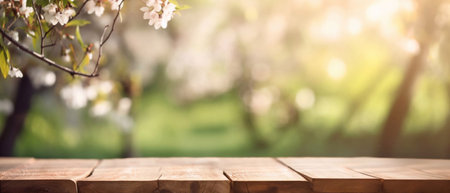Wooden table in front of spring cherry blossoms. Horizontal bannersの素材
