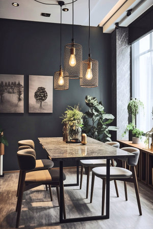 Interior of modern dining room with black walls, concrete floor and wooden table with chairsの素材