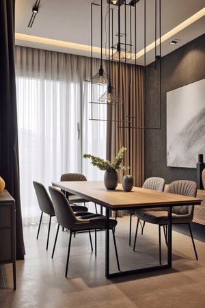 Interior of a modern dining room with wooden chairs and table.の素材