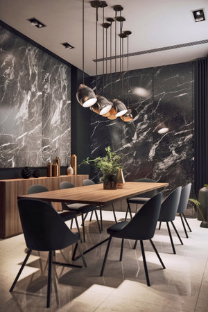 Interior of luxury restaurant with black and white marble walls, concrete floor, round wooden tables and gray chairs. 3d renderingの素材