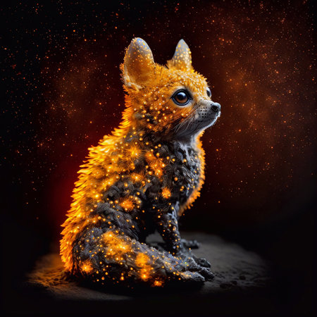 Fantasy image of a little fox on a black background with lightsの素材
