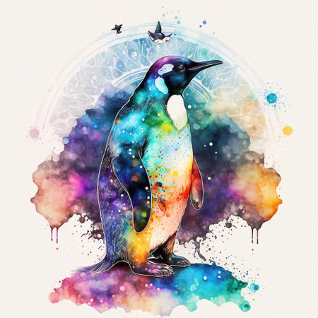 Hand drawn penguin on abstract watercolor background. Vector illustration.の素材