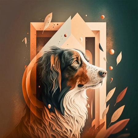 Australian shepherd dog in abstract frame with autumn leaves. Digital painting.の素材
