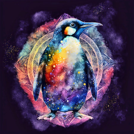 Hand drawn illustration of a penguin on a multicolored background.の素材