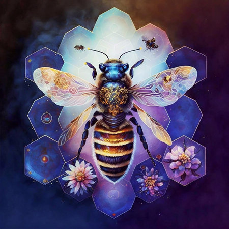 Bee with flowers and honeycombs on a background of hexagonsの素材