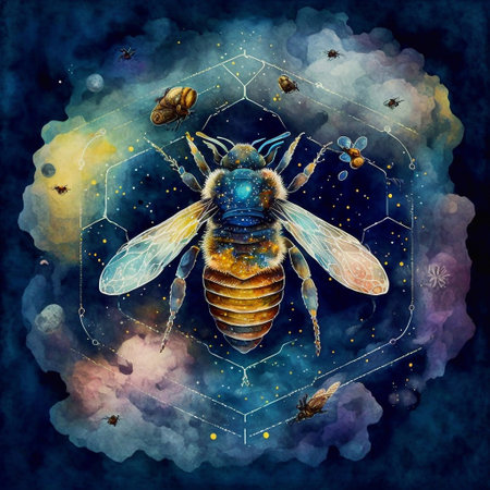 Honey bee in space with planets and stars. Cosmic illustration.の素材