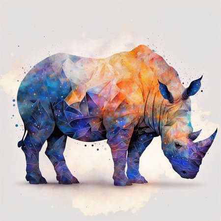 Low poly rhinoceros isolated on white background. Watercolor illustrationの素材