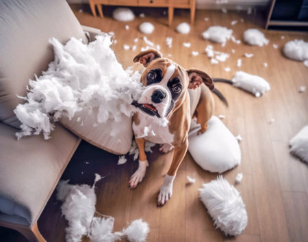 Cute boxer dog playing with lots of white feathers at home.の素材