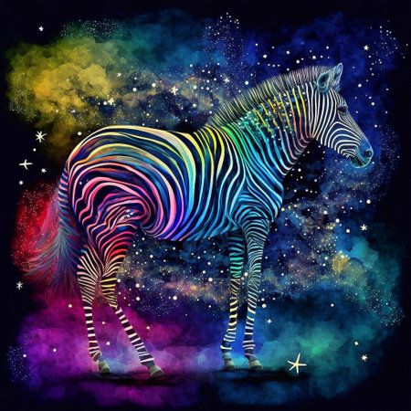 Zebra on the background of the starry sky. Zebra in the colors of the rainbow.の素材