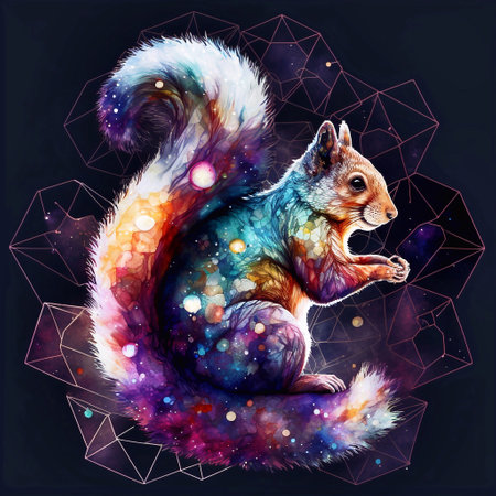 Hand drawn vector illustration of a squirrel in cosmic space with stars.の素材