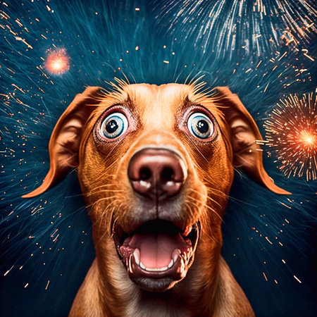 Scared dog with fireworks in the night sky. happy petの素材
