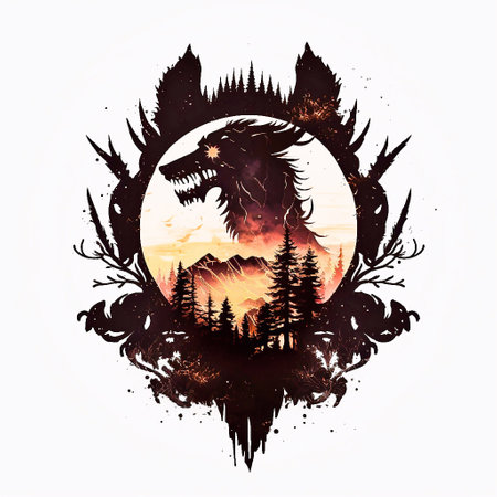 Silhouette of a dragon in the forest. Vector illustration.の素材
