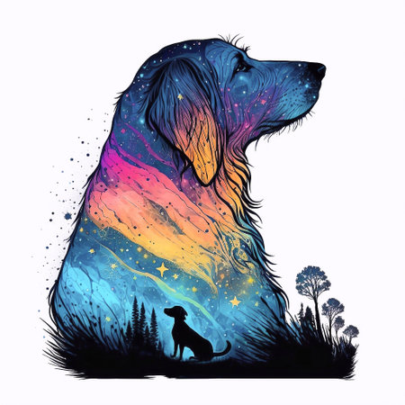 Dog silhouette in the night sky. Digital painting. Vector illustration.の素材