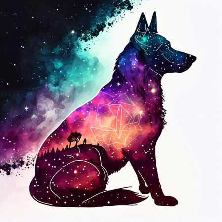 Illustration of a wolf in the space with stars and planets.の素材