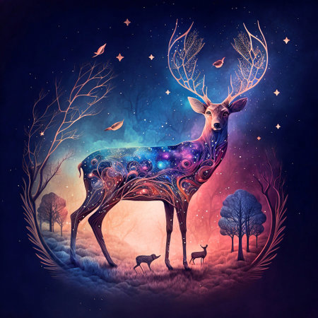 Deer in the forest at night with stars. Vector illustration.の素材