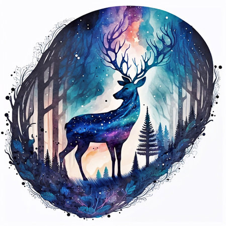 Hand drawn watercolor illustration of a deer in the night forest.の素材