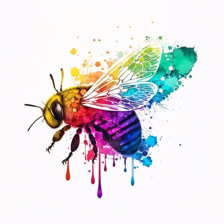 Colorful watercolor paint splatter with bee. Vector illustration.の素材