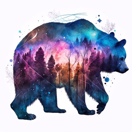 Watercolor silhouette of a bear in the forest. Vector illustration.の素材