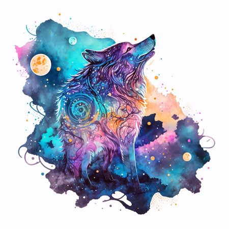 Hand drawn watercolor illustration of wolf in cosmic space. Vector illustration.の素材
