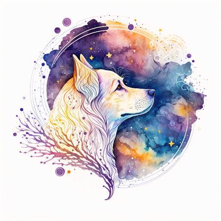 Hand drawn watercolor illustration of a golden retriever on a cosmic background.の素材