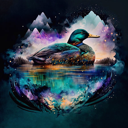 Duck on the lake in the mountains at night. Watercolor painting.の素材