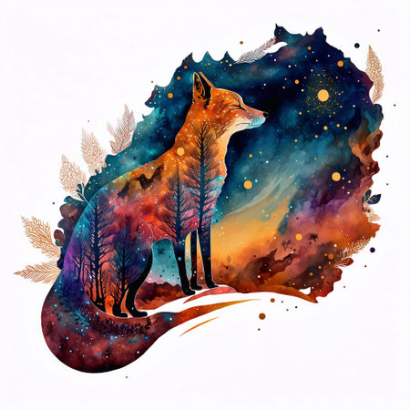 Watercolor illustration of a fox on the background of the night skyの素材