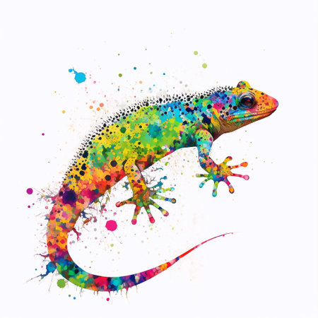 Colorful lizard with watercolor splashes on a white background.の素材