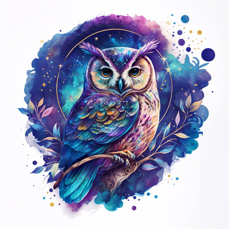 Owl on a branch. Hand drawn watercolor illustration isolated on white background.の素材