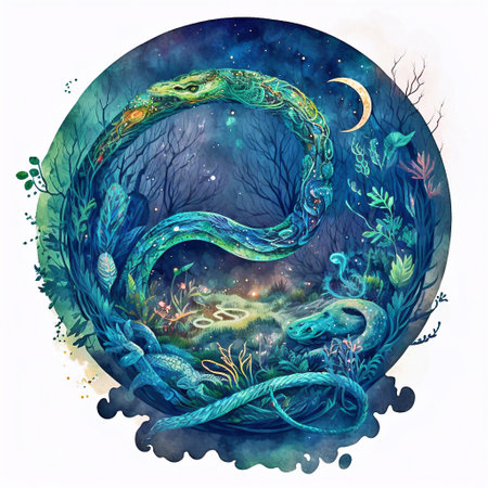 Watercolor illustration of a snake on the background of the moon and the sea. Hand drawn illustration.の素材