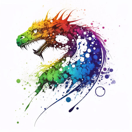 Dragon head with colorful splashes on white background, vector illustration.の素材
