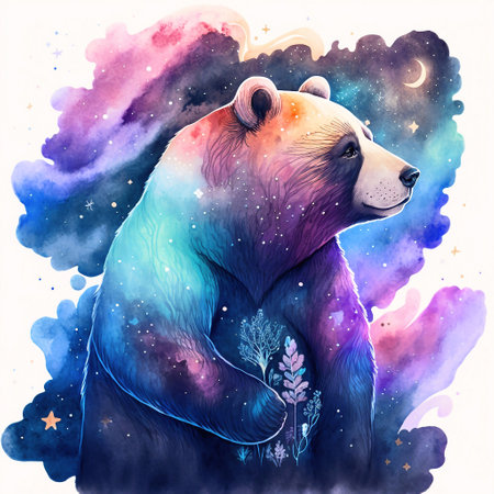 Watercolor illustration of a polar bear on a cosmic background with stars.の素材