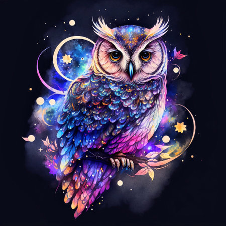Colorful owls on a dark background. Hand drawn illustration.の素材