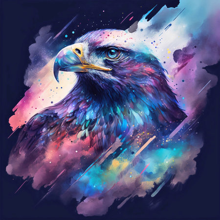 Eagle head. Colorful watercolor illustration on dark background.の素材