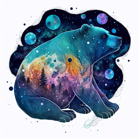 Hand drawn illustration of a polar bear in the starry sky.の素材