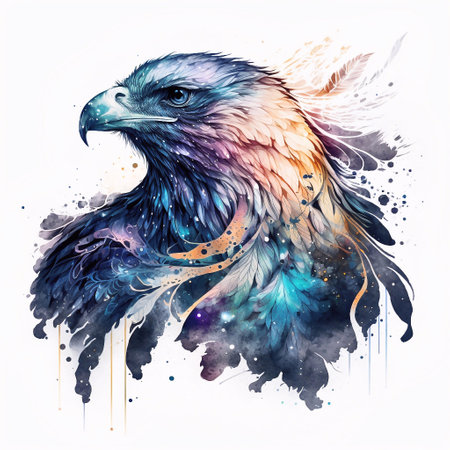 Eagle in cosmic space. Hand drawn watercolor illustration, isolated on white backgroundの素材