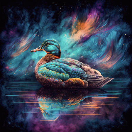 Duck on the background of a colorful starry sky. Digital painting.の素材