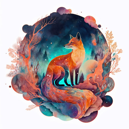 Watercolor illustration of a fox in the night forest. Illustration.の素材