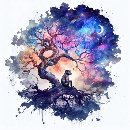 Lion and tree in the night sky. Hand drawn watercolor illustration.の素材