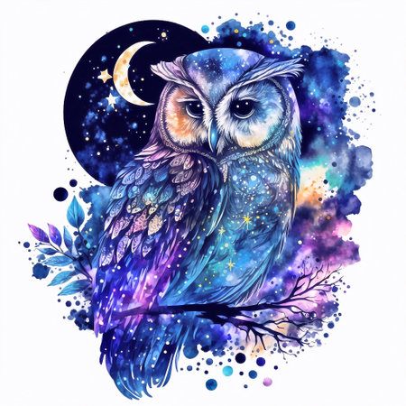 Night sky with stars and owls. Hand drawn watercolor illustration.の素材