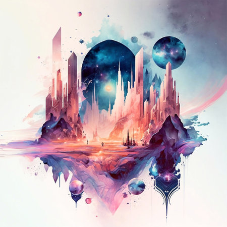 Futuristic city in space. Digital watercolor painting. Vector illustration.の素材