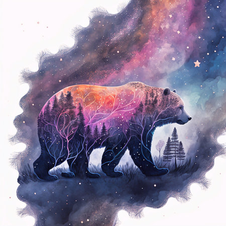 Hand drawn watercolor illustration of a bear in the night forest.の素材