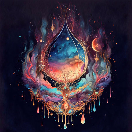 Hand drawn water drop with fire and smoke on dark background. Vector illustration.の素材