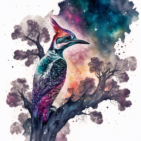 Watercolor painting of a bird sitting on a tree in the forest.の素材