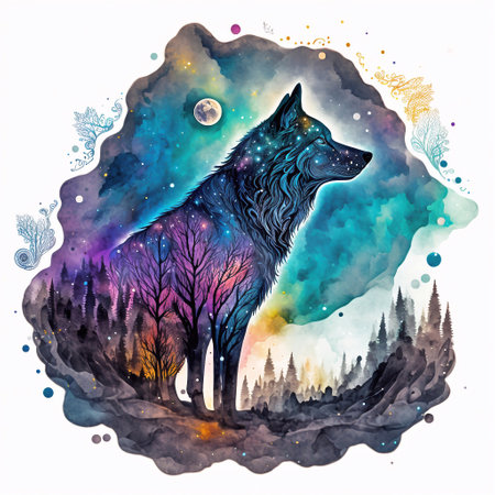 Watercolor illustration of a wolf in the night forest. Vector illustration.の素材