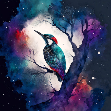 Watercolor painting of a bird on a tree branch in the night sky.の素材