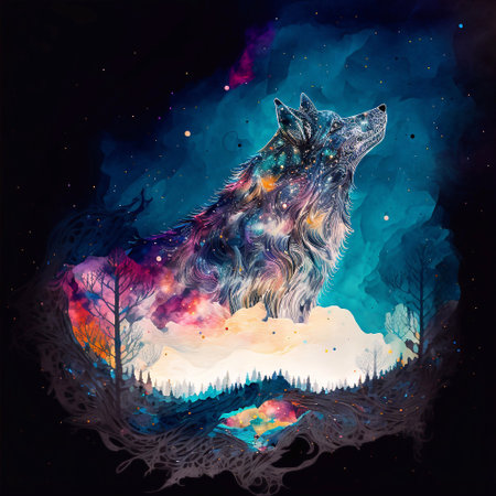 Illustration of a wolf howling at the starry night skyの素材