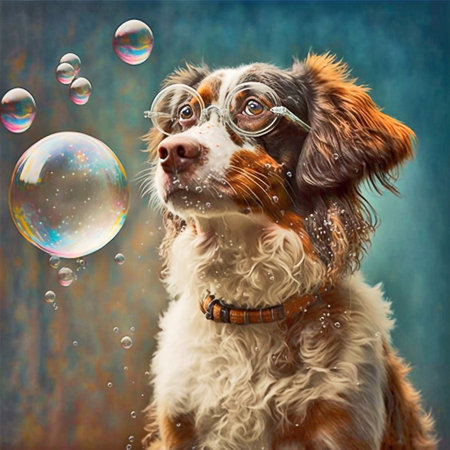 dog with soap bubbles on the background of a blue wall. collageの素材